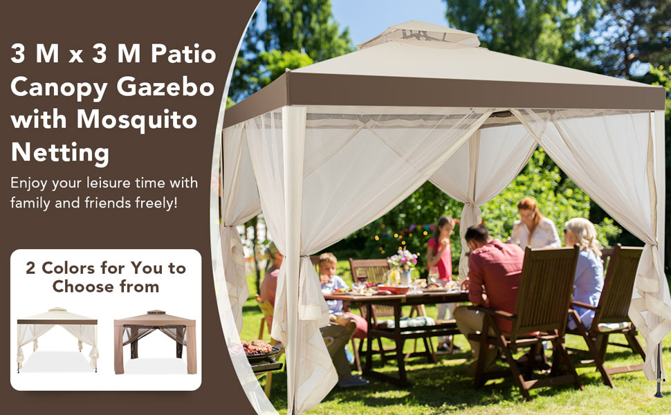 10' x 10' Outdoor Garden Gazebo Patio Canopy Shelter with Netting and Double roof