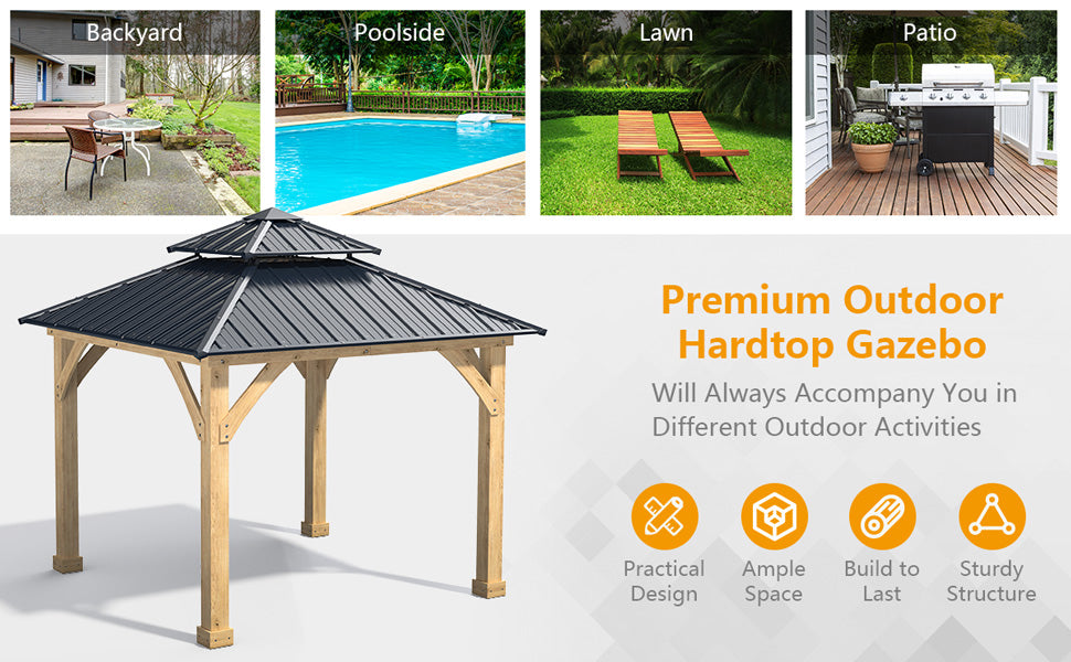 10' X 10' Outdoor Hardtop Gazebo, Patio Galvanized Steel Metal Double Roof Permanent Canopy Pavilion with Aluminum Frame for Gardens, Lawns, Backyard Shade