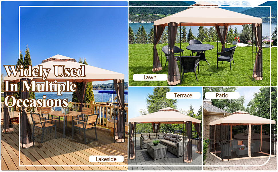 10'x10' Outdoor Metal Gazebo, Patio Canopy Shelter, Garden Pavilion with 2-Tier Roof and Mosquito Netting for Backyard