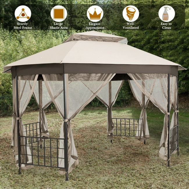 10 x 12 FT Outdoor Patio Heavy Duty Octagonal Gazebo Canopy Shelter with Mosquito Netting and Double Roof