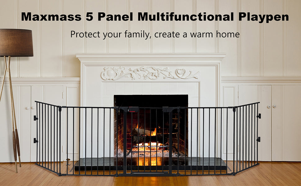 115 Inch Length 5 Panel Adjustable Wide Fireplace Metal Fence 3-In-1 Heavy-Duty Steel Gate with Double Safety Lock