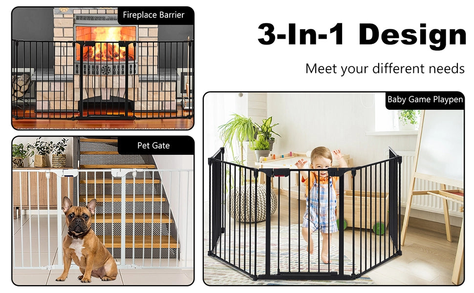 115 Inch Length 5 Panel Adjustable Wide Fireplace Metal Fence 3-In-1 Heavy-Duty Steel Gate with Double Safety Lock