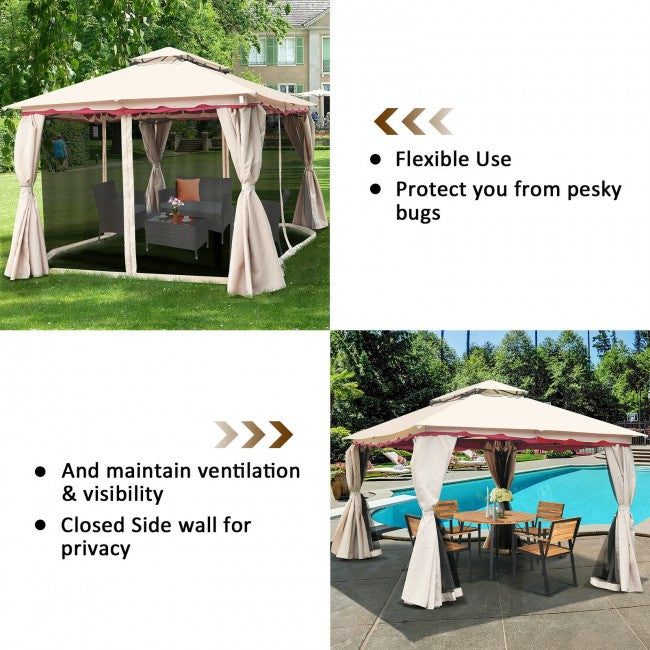 10'x10' Outdoor Metal Gazebo, Patio Canopy Shelter, Garden Pavilion with 2-Tier Roof and Mosquito Netting for Backyard
