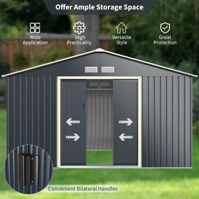 11' x 8' Outdoor Steel Storage Shed Organizer Patio Garden Tool House with 2 Lockable Sliding Doors and 4 Vents