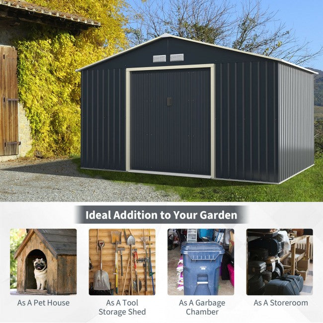 11' x 8' Outdoor Steel Storage Shed Organizer Patio Garden Tool House with 2 Lockable Sliding Doors and 4 Vents