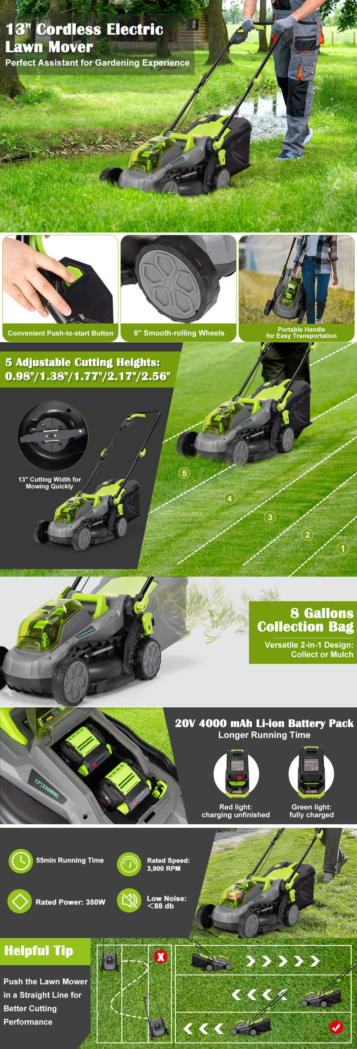 Chairliving 13 Inch Portable Height Adjustable Cordless Electric Lawn Mower with 2-in-1 Collection Bag