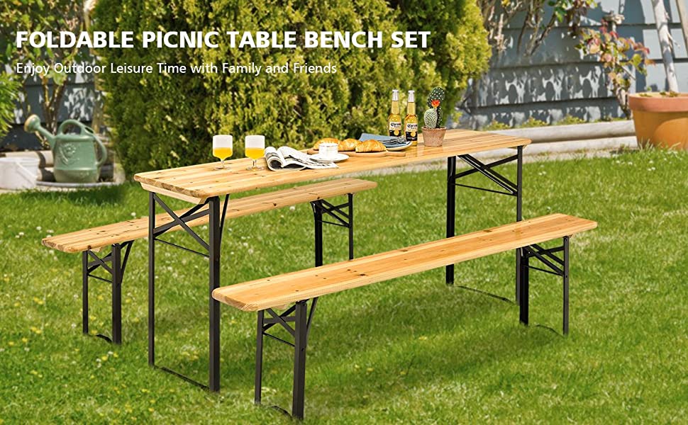 70'' 3PCS Outdoor Portable Folding Table Bench Set with Wooden Tabletop & Steel Frame, Patio Picnic Dining Set