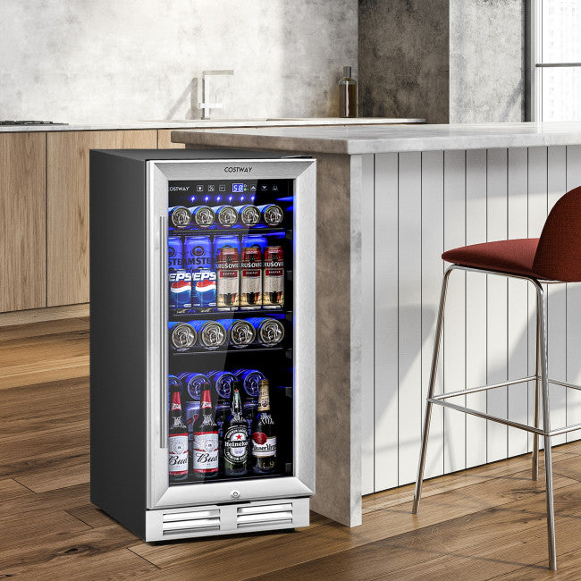 15 Inch Beverage Cooler Refrigerator 100 Can Built-in or Freestanding Wine Fridge with LED Lights and Adjustable Shelf