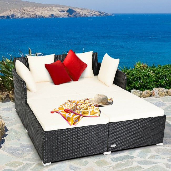 Outdoor Rattan Daybed Sunbed Wicker Patio Furniture Sofa Set with Spacious Seat and Upholstered Cushion