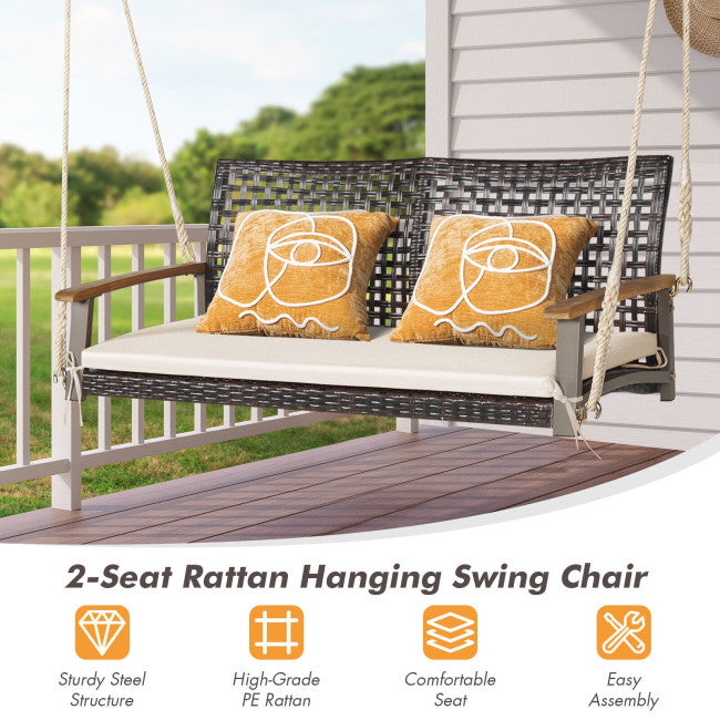 2-Person Outdoor Rattan Hanging Swing Chair PE Wicker Porch Swing Bench with Cushion and Hanging Ropes