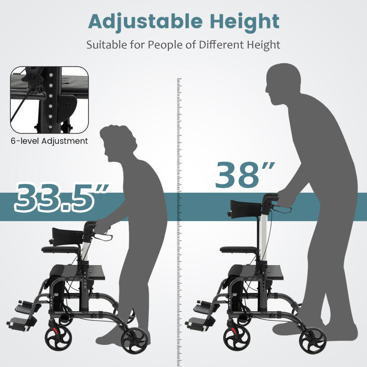 2-in-1 Foldable Rollator Walker Lightweight Mobility Walking Aid Wheelchair