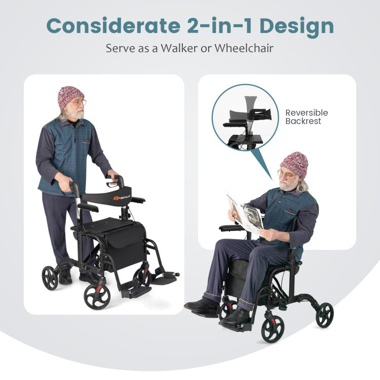 2-in-1 Foldable Rollator Walker Lightweight Mobility Walking Aid Wheelchair