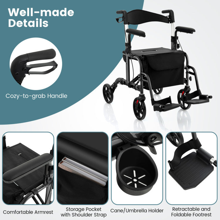 2-in-1 Foldable Rollator Walker Lightweight Mobility Walking Aid Wheelchair