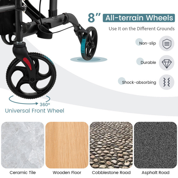 2-in-1 Foldable Rollator Walker Lightweight Mobility Walking Aid Wheelchair