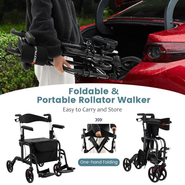 2-in-1 Foldable Rollator Walker Lightweight Mobility Walking Aid Wheelchair