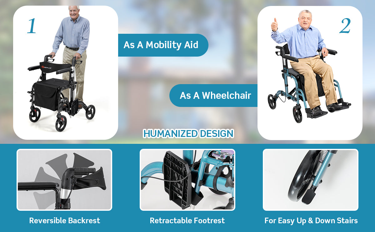 2-in-1 Foldable Rollator Walker Lightweight Mobility Walking Aid Wheelchair