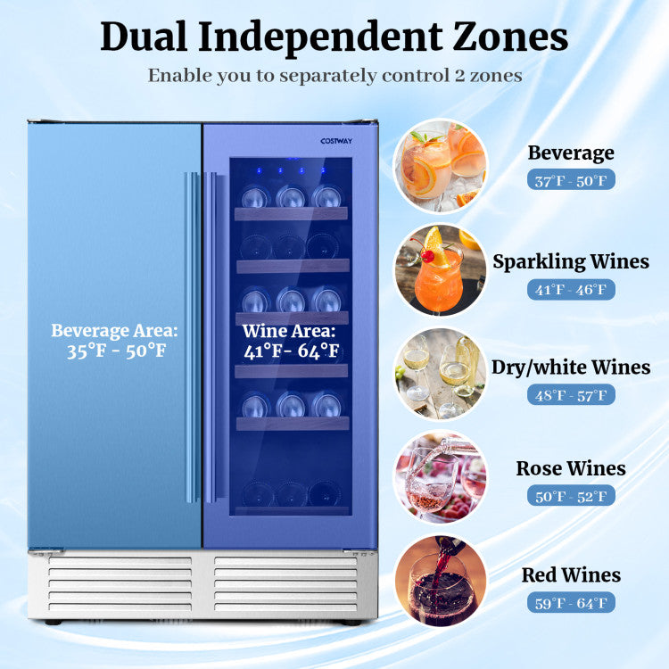 2-in-1 Freestanding Wine Cooler Built-in Beverage Refrigerator Stainless Steel Fridge with Smart Control and 9 Shelves