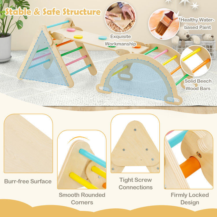 2-in-1 Kids Wooden Montessori Climbing Toys Set Toddlers Triangle Climber Play Gym with Sliding Ramp