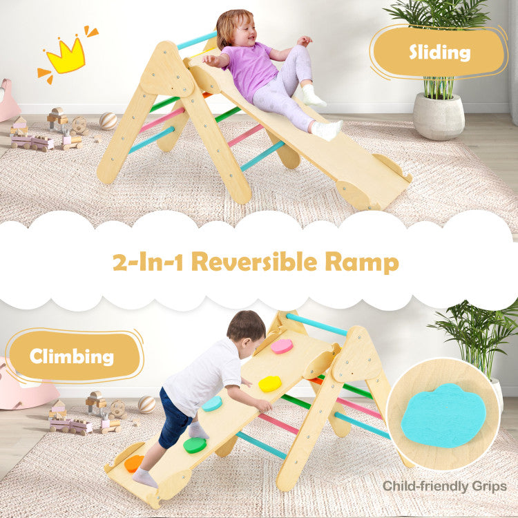 2-in-1 Kids Wooden Montessori Climbing Toys Set Toddlers Triangle Climber Play Gym with Sliding Ramp