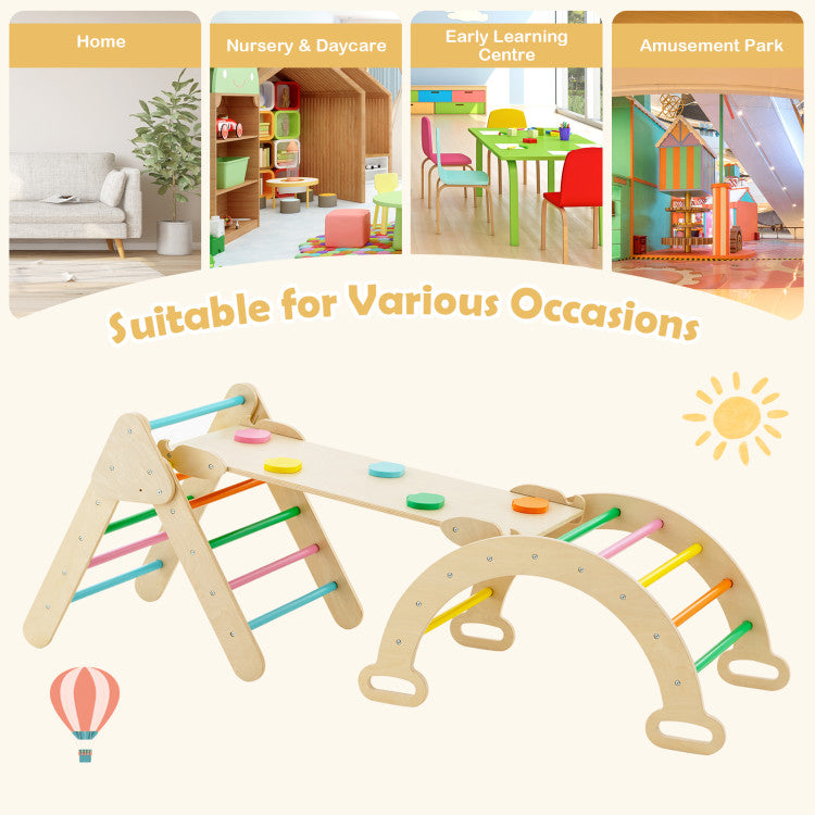 2-in-1 Kids Wooden Montessori Climbing Toys Set Toddlers Triangle Climber Play Gym with Sliding Ramp