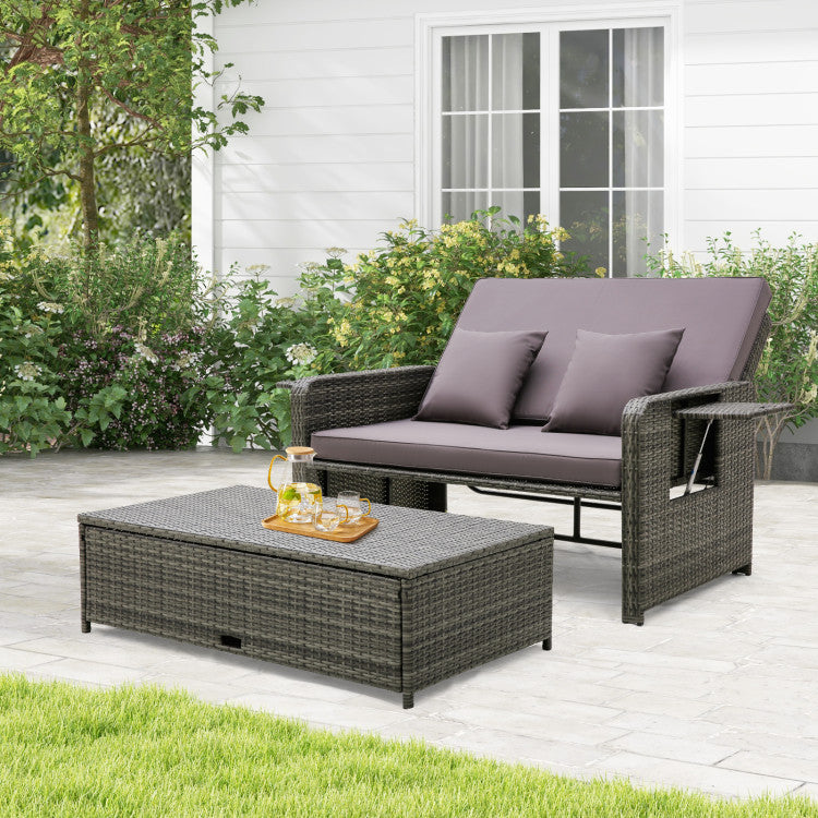 2-in-1 Patio Rattan Loveseat Sofa Set with Multipurpose Ottoman and Retractable Side Tray