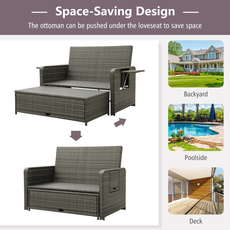 2-in-1 Patio Rattan Loveseat Sofa Set with Multipurpose Ottoman and Retractable Side Tray