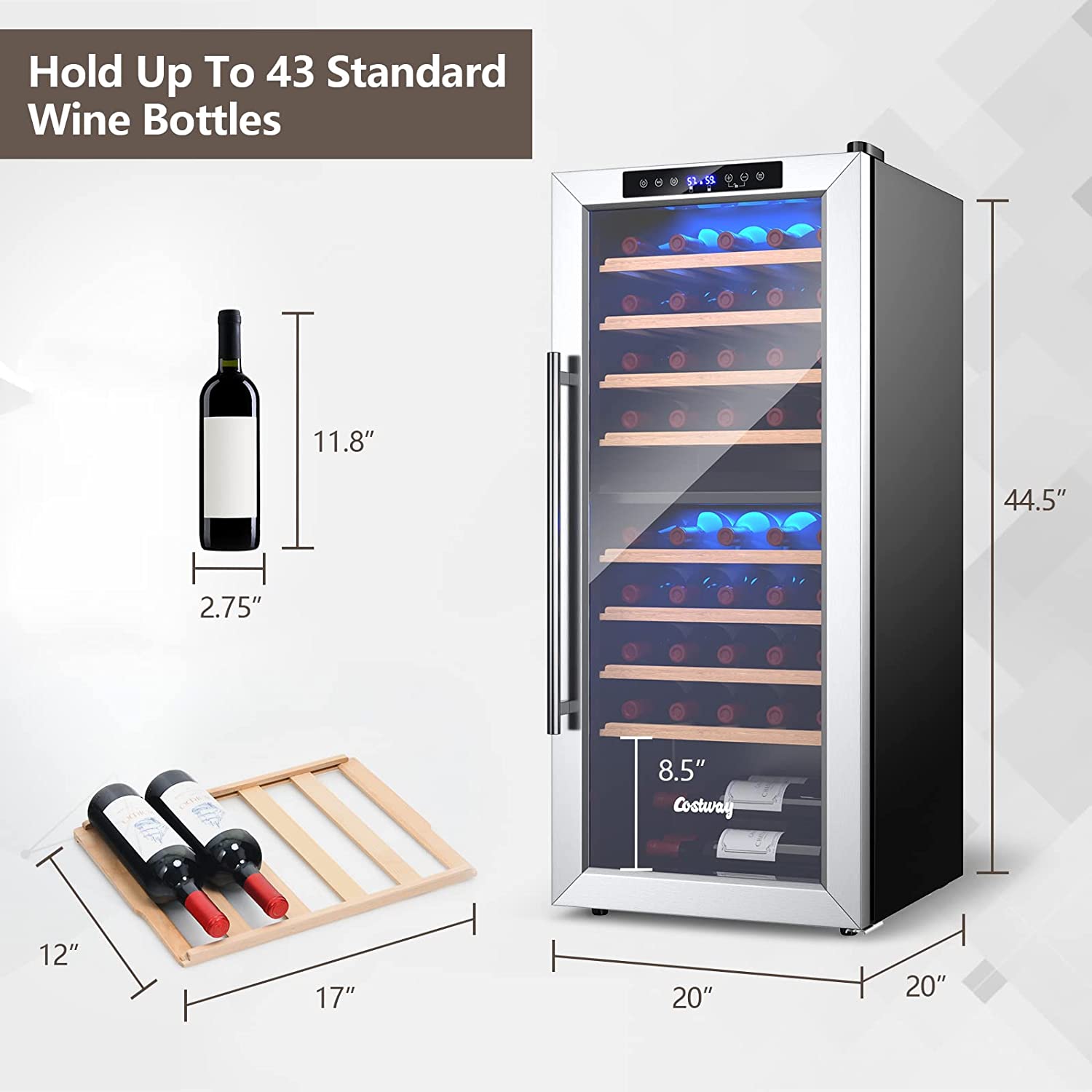 20-Inch Built-In or Freestanding Wine and Beverage Cooler 43-Bottle Dual Zone Wine Refrigerator with 8 Wooden Shelves