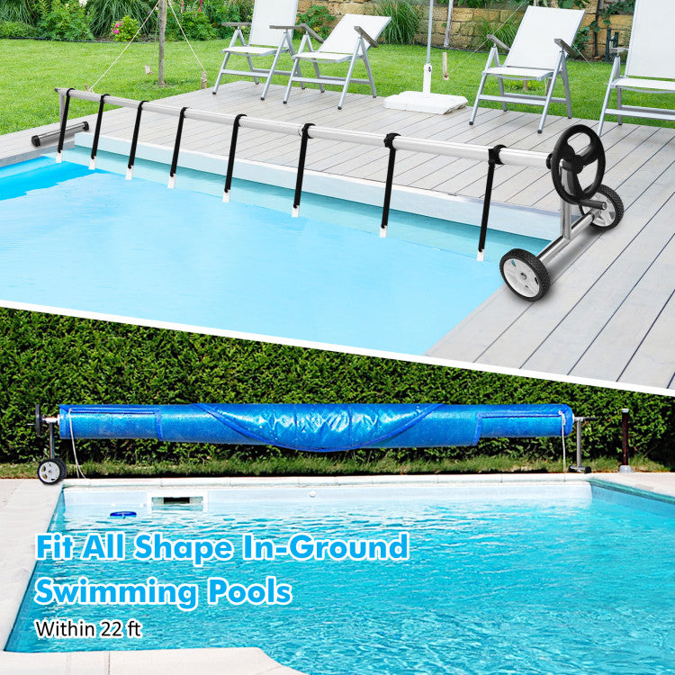 22FT Adjustable Pool Cover Reel Set Aluminum Inground Swimming Pool Blanket Reel Roller with Hand Crank and Wheels