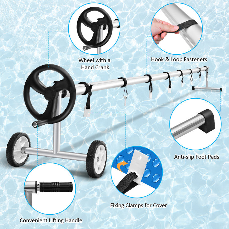 22FT Adjustable Pool Cover Reel Set Aluminum Inground Swimming Pool Blanket Reel Roller with Hand Crank and Wheels