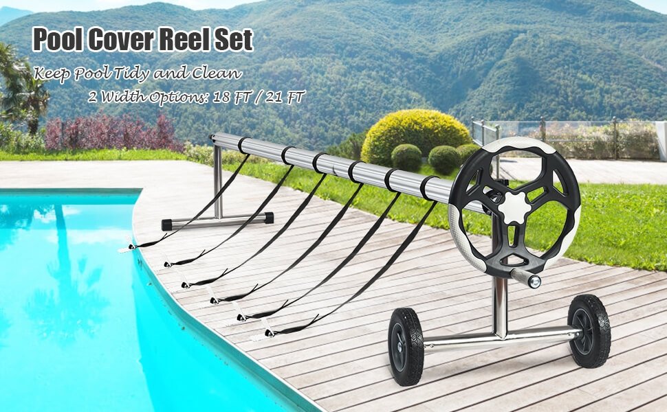 22FT Adjustable Pool Cover Reel Set Aluminum Inground Swimming Pool Blanket Reel Roller with Hand Crank and Wheels