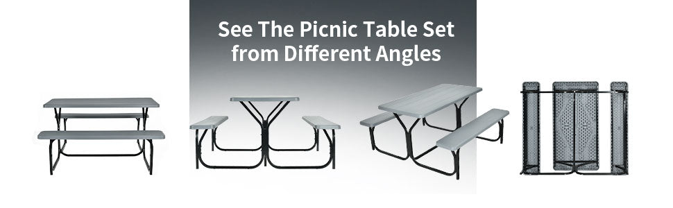 Outdoor Camping Folding Picnic Table Bench Set with Metal Base & Wood-Like Texture,  Patio Deck Furniture
