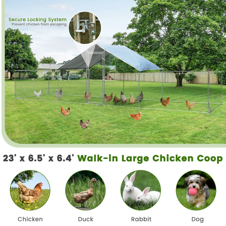 23FT Large Walk-in Chicken Coop Metal Poultry Cage Rabbits House Habitat Cage 