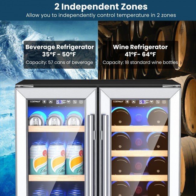 24 Inch Stainless Steel Dual Zone Wine and Beverage Cooler, 2-IN-1 Wine Refrigerator with LED Light