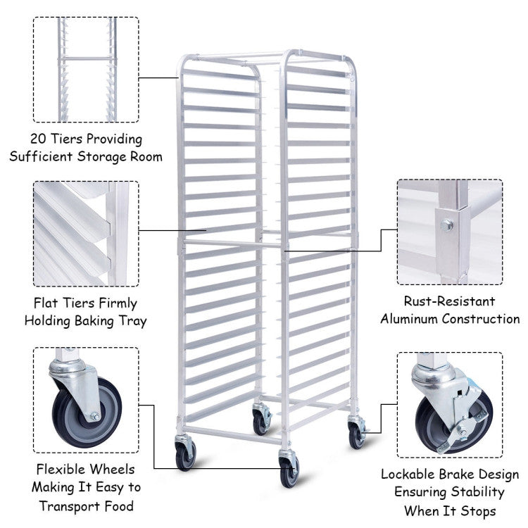 26 x 20 x 70 Inch 20-Tier Commercial Bakery Racks Aluminum Pan Rolling Trolley Storage Rack with Brake Wheels