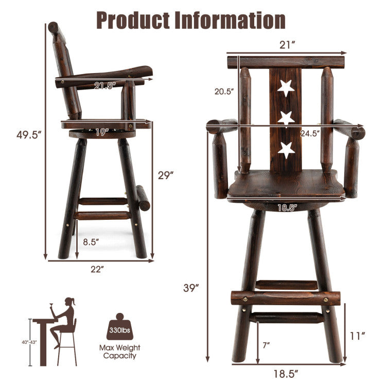 29 Inch Wooden Bar Stool 360° Swivel Bistro Chair with Footrest and Armrest