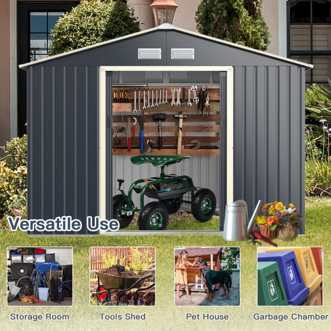 9’ x 6’ Outdoor Patio Metal Storage Shed, Steel Garden Storage Shed with Double Sliding Lockable Doors & 4 Vents