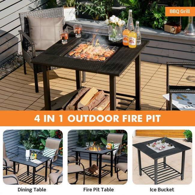 31in Multifunctional Outdoor Metal Fire Pit Dining Table with BBQ Grate, Patio Garden Fireplace Stove
