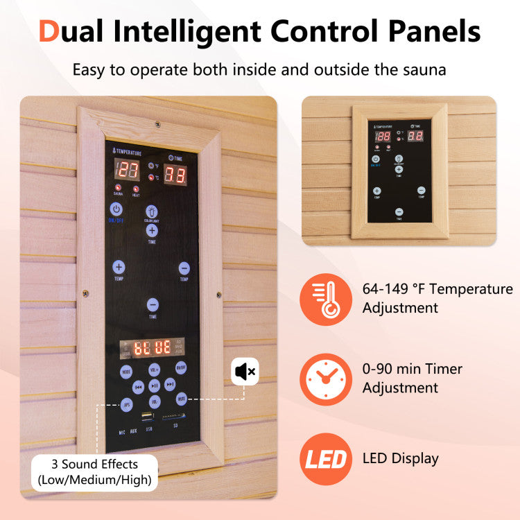 2 Person Far Infrared Wooden Sauna Room 900W Hemlock Wood Home Sauna Box with Dual Intelligent Control Panels and 9 Carbon Heaters