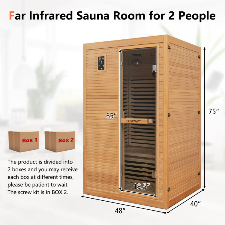 2 Person Far Infrared Wooden Sauna Room 900W Hemlock Wood Home Sauna Box with Dual Intelligent Control Panels and 9 Carbon Heaters