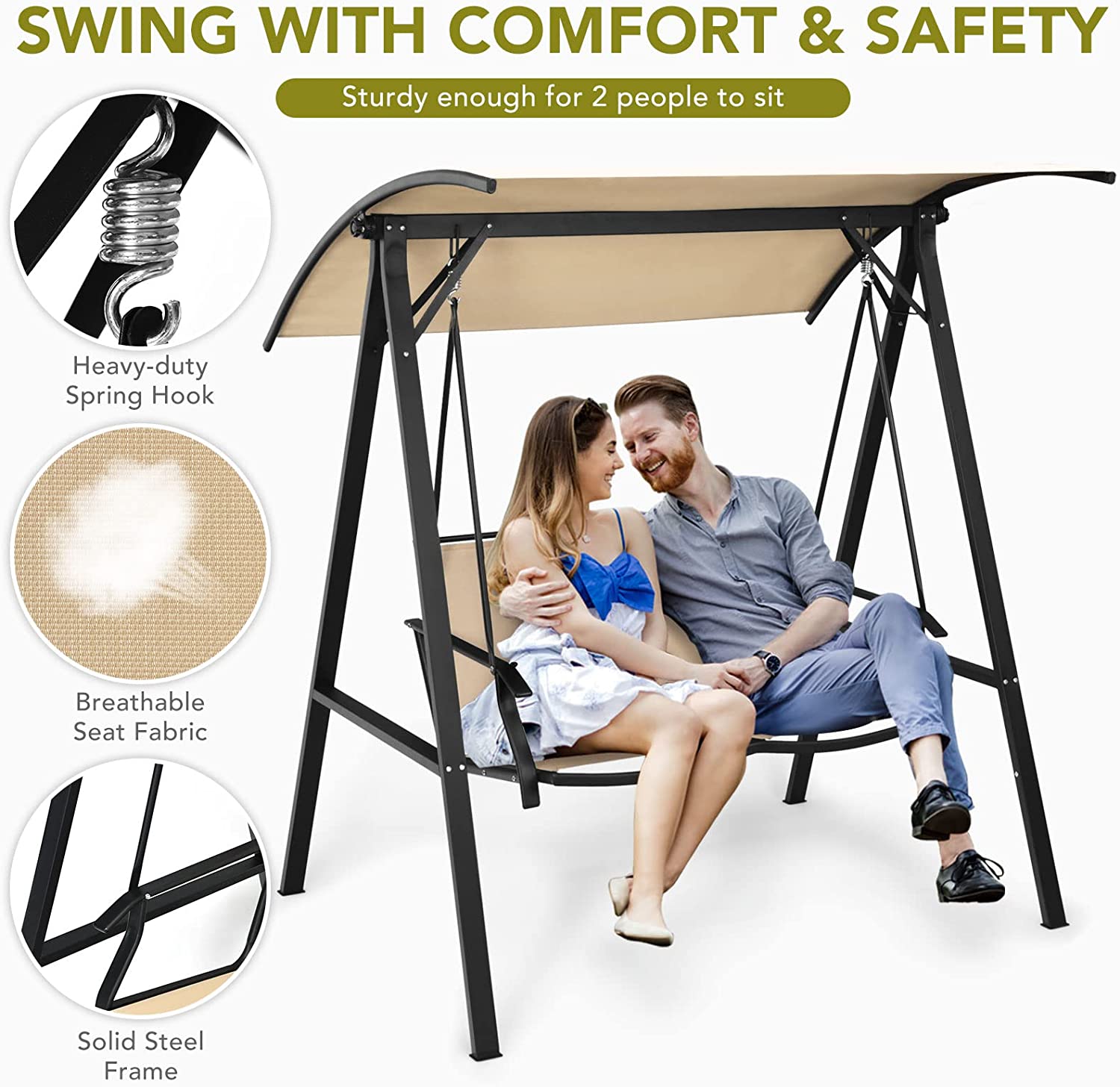 2 Person Outdoor Porch Swing Patio Lounge Chair Hammock Seats with Weather Resistant Glider and Adjustable Canopy