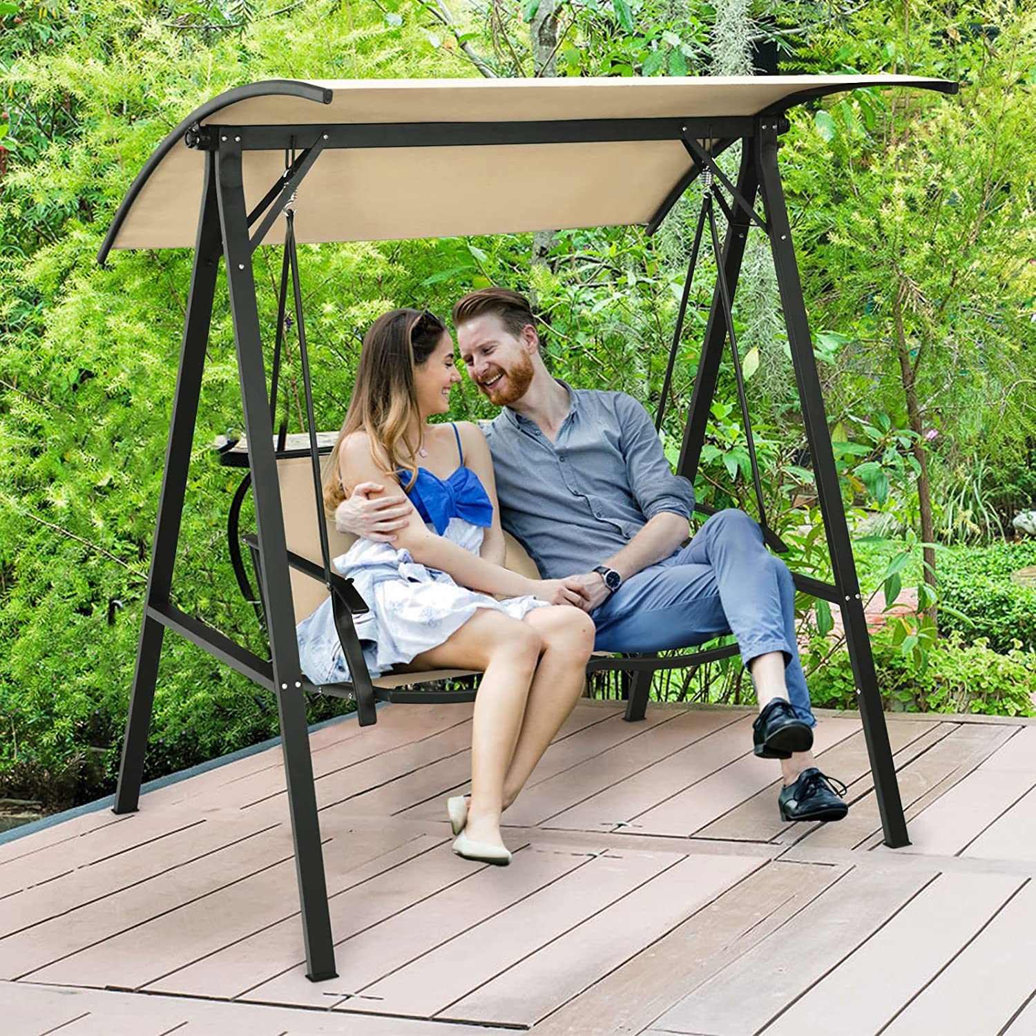 2 Person Outdoor Porch Swing Patio Lounge Chair Hammock Seats with Weather Resistant Glider and Adjustable Canopy