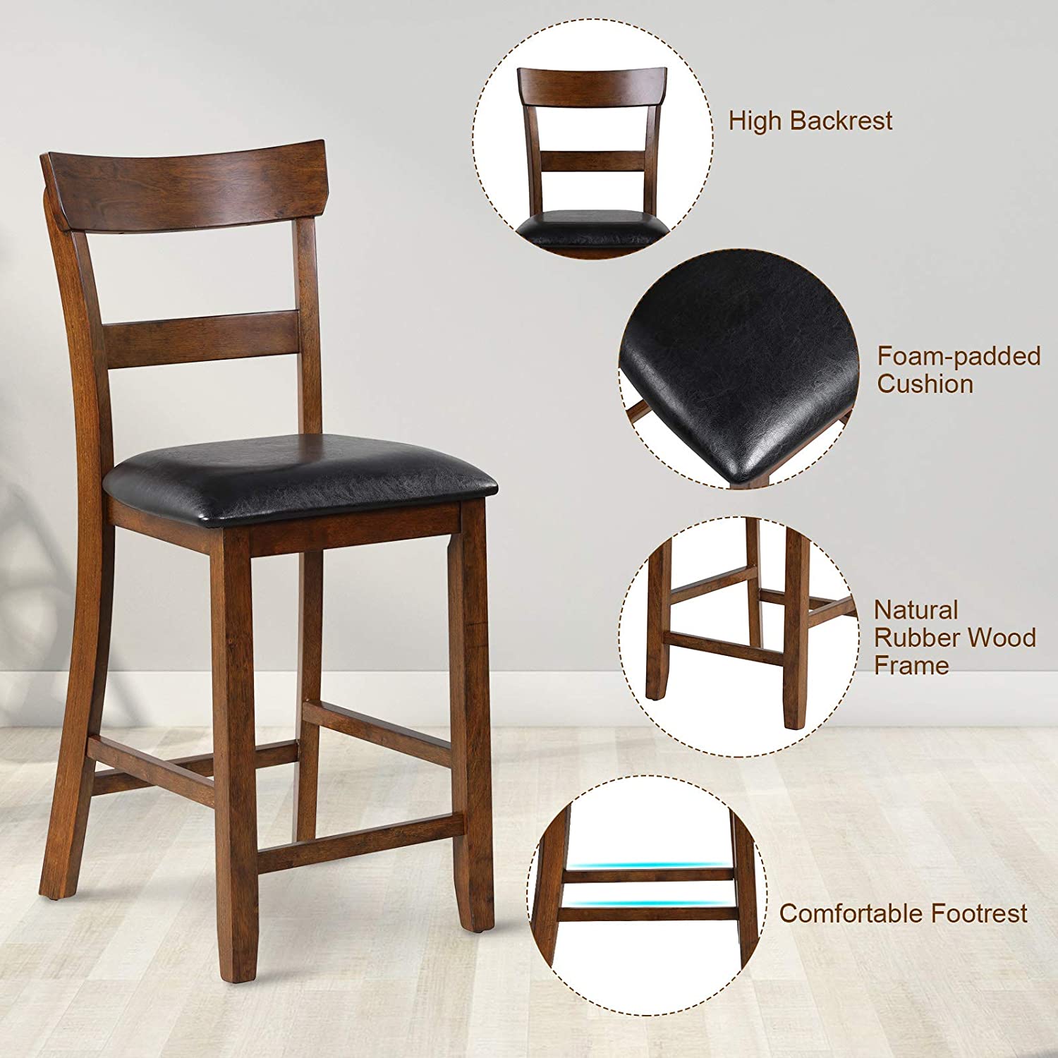 2 Pieces Counter Height Vintage Dining Chair Set 25.5-Inch Bar Stools with Foam-Padded Cushion