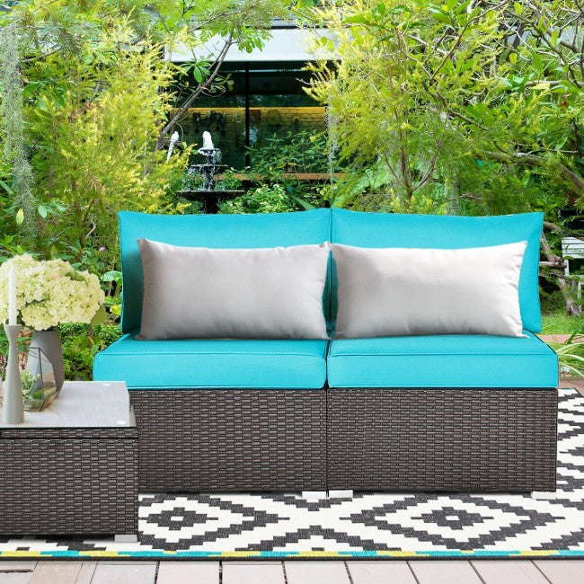 2 Pieces Outdoor Rattan Armless Sofa Patio Wicker Sectional Sofa Set with 2 Pillows and 2 Cushions