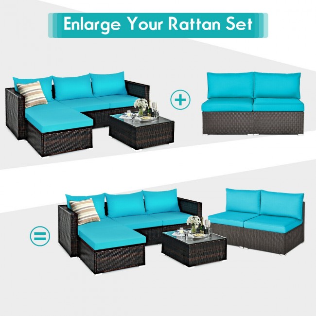 2 Pieces Outdoor Rattan Armless Sofa Patio Wicker Sectional Sofa Set with 2 Pillows and 2 Cushions