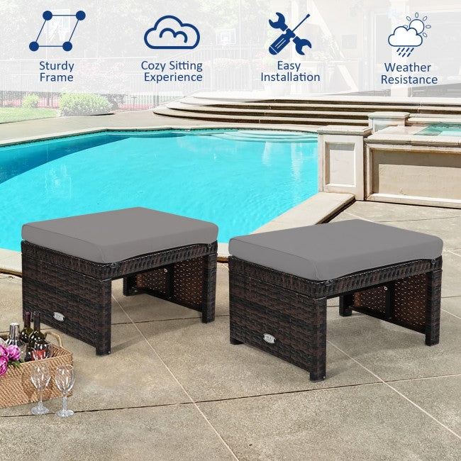 2 Pieces Patio Rattan Ottomans Outdoor Wicker All Weather Footstool Footrest Seat with Soft Cushion