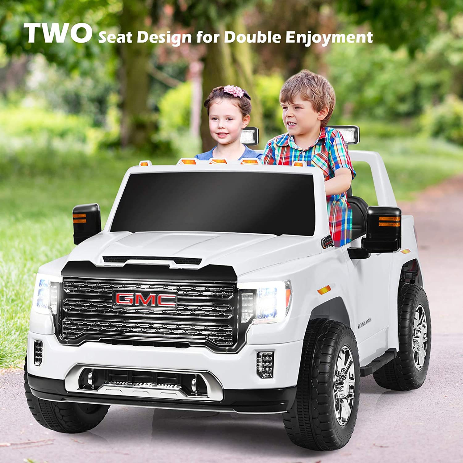 2 Seater Battery Powered GMC Kids Ride on Truck 12V Licensed Electric Car with Remote Control and Storage Box