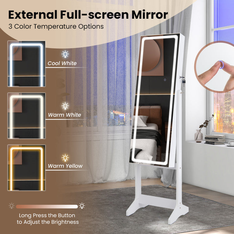 2 in 1 Adjustable Jewelry Cabinet Standing Lockable Jewelry Armoire Organizer with LED Lights and Full-Length Mirror