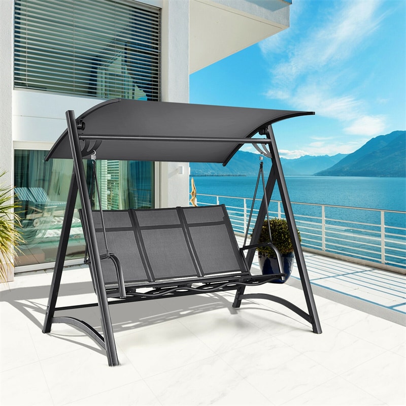 3 Person Outdoor Porch Swing Chair with Adjustable Tilt Canopy & Comfortable Swing Bench-Style Seat