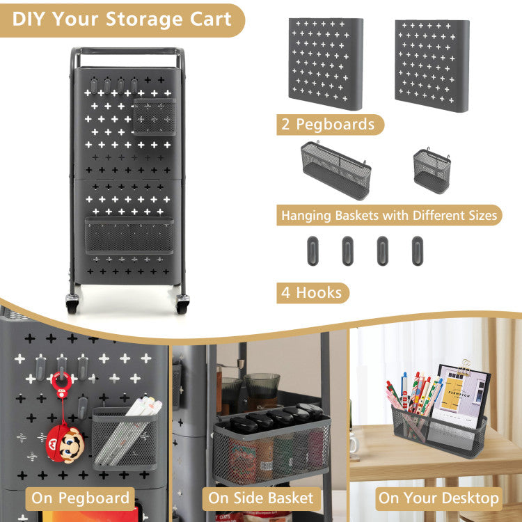 3-Tier Rolling Cart Utility Storage Organizer Trolley Service Cart with Baskets and Removable Hooks for Kitchen Garage