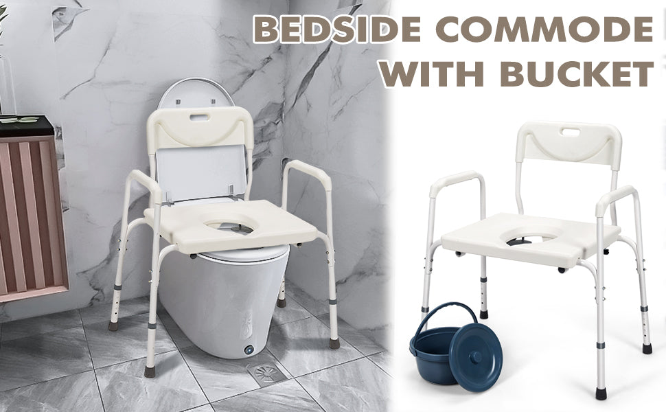 3-in-1 Portable Bedside Commode Chair Height Adjustable Toilet Seat Bath Shower Chair